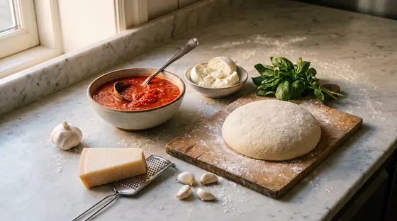 Zutaten auf der Marmorplatte: Teigling auf dem Holzbrett, Tomatensauce, Mozzarella, Basilikum, Hartkäse mit Reibe und Knoblauch