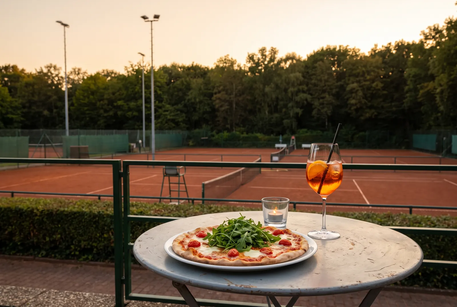 Pizza mit Rucola und ein Spritz auf einem Bistrotisch der Terrasse, dahinter Ascheplätze und Bäume im Abendlicht